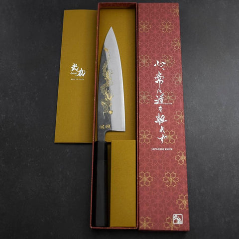 Gyuto Blue Steel #2 Kurouchi Chokin „Drache“ Büffelhorn und Ebenholz Griff 210mm-[Musashi]-[Japan-Küchenmesser]
