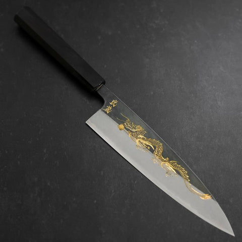 Gyuto Blue Steel #2 Kurouchi Chokin „Drache“ Büffelhorn und Ebenholz Griff 210mm-[Musashi]-[Japan-Küchenmesser]