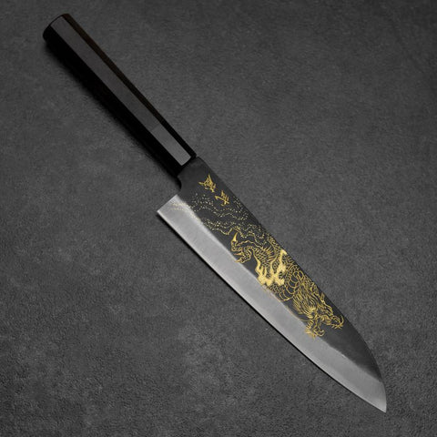 Gyuto Blue Steel #2 Kurouchi Chokin Drache Büffelhorn und Ebenholz Griff 210mm-[Musashi]-[Japan-Küchenmesser]