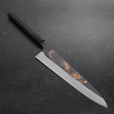 Gyuto Blue Steel #2, Kurouchi Chokin "Drache" Büffelhorn und Ebenholz Griff, 240mm-[Musashi]-[Japan-Küchenmesser]