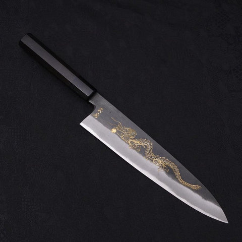 Gyuto Blue Steel #2 Kurouchi Chokin "Drache" Büffelhorn und Ebenholz Griff 240mm-[Musashi]-[Japan-Küchenmesser]