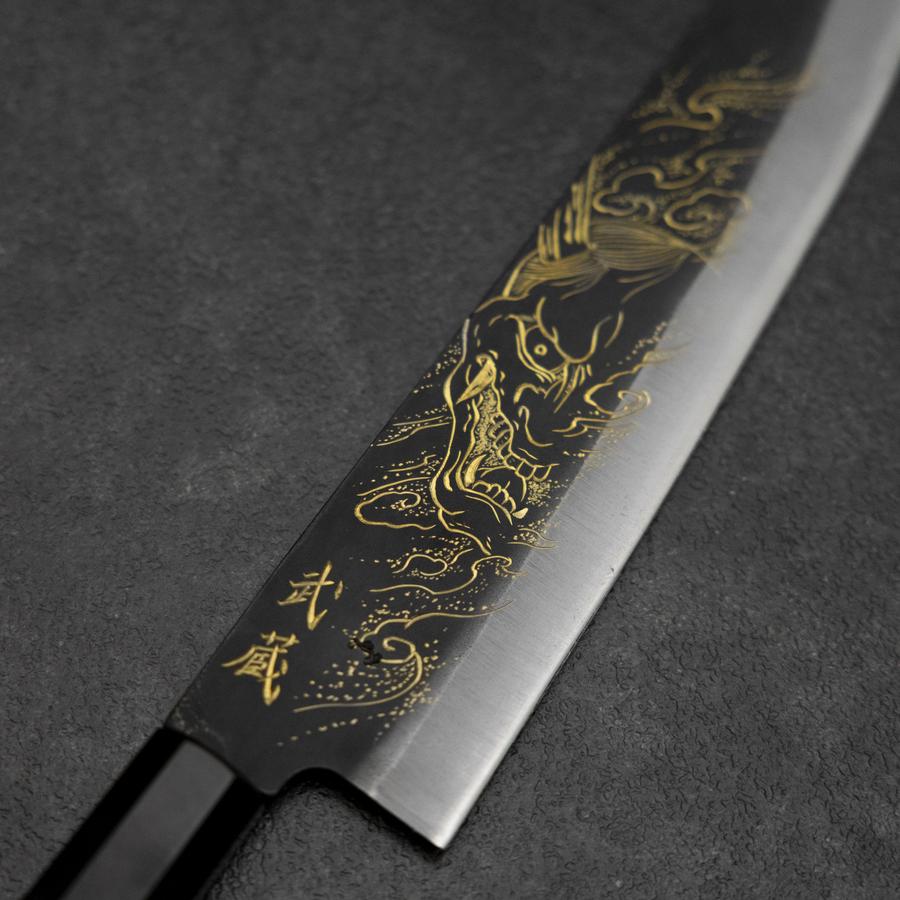Gyuto Blue Steel #2 Kurouchi Chokin Hannya Büffelhorn und Ebenholz Griff 210mm-[Musashi]-[Japan-Küchenmesser]