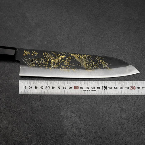 Gyuto Blue Steel #2 Kurouchi Chokin Hannya Büffelhorn und Ebenholz Griff 210mm-[Musashi]-[Japan-Küchenmesser]