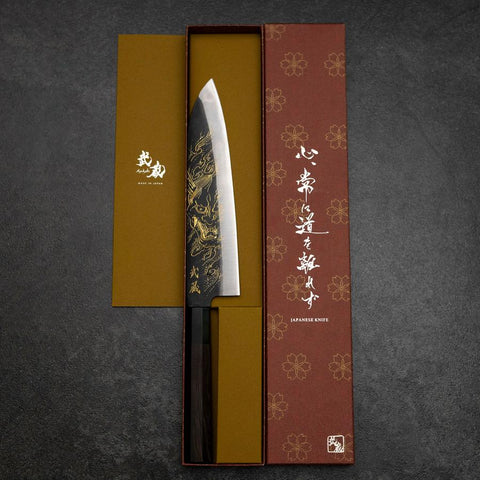 Gyuto Blue Steel #2 Kurouchi Chokin Hannya Büffelhorn und Ebenholz Griff 210mm-[Musashi]-[Japan-Küchenmesser]