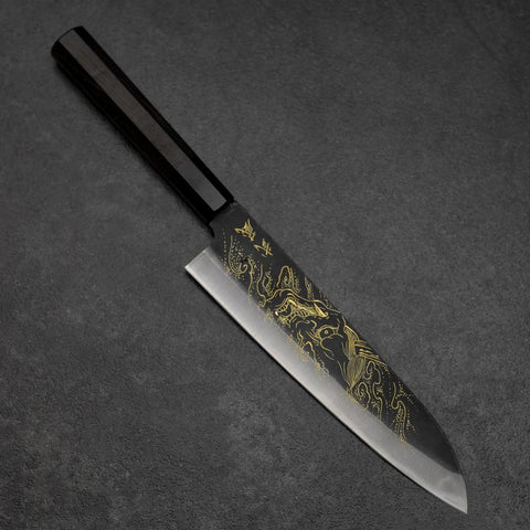Gyuto Blue Steel #2 Kurouchi Chokin Hannya Büffelhorn und Ebenholz Griff 210mm-[Musashi]-[Japan-Küchenmesser]