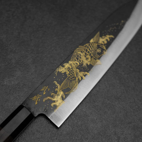 Gyuto Blue Steel #2 Kurouchi Chokin Koi Buffalo Ebony Handle 210mm (8.3”)-[Musashi]-[Japan-Küchenmesser]