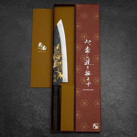 Gyuto Blue Steel #2 Kurouchi Chokin Koi Büffelhorn und Ebenholz Griff 210mm-[Musashi]-[Japan-Küchenmesser]