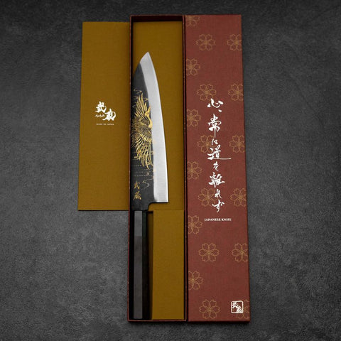 Gyuto Blue Steel #2 Kurouchi Chokin Kranich Büffelhorn und Ebenholz Griff 210mm-[Musashi]-[Japan-Küchenmesser]