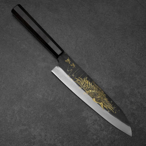 Gyuto Blue Steel #2 Kurouchi Chokin Kranich Büffelhorn und Ebenholz Griff 210mm-[Musashi]-[Japan-Küchenmesser]