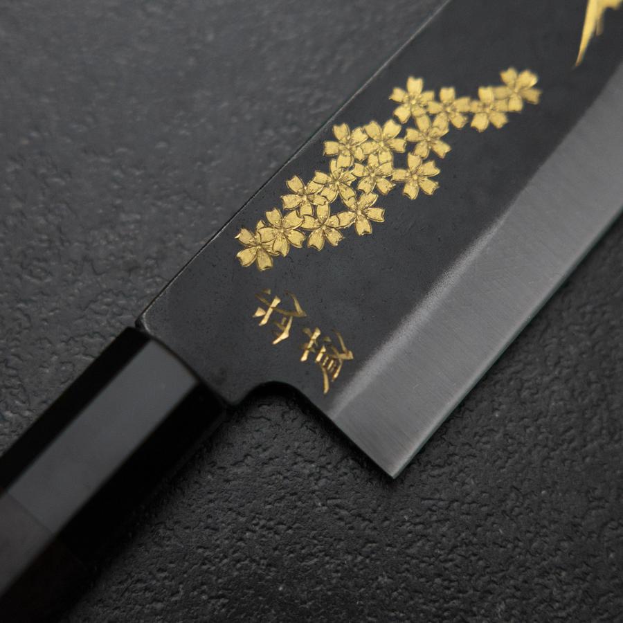 Gyuto Blue Steel #2 Kurouchi Chokin Sakura-Fuji Buffalo Ebony Handle 210mm (Asamura) (8.3”)-[Musashi]-[Japanese-Kitchen-Knives]