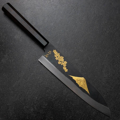 Gyuto Blue Steel #2 Kurouchi Chokin Sakura-Fuji Büffelhorn und Ebenholz Griff 210mm (Asamura)-[Musashi]-[Japan-Küchenmesser]