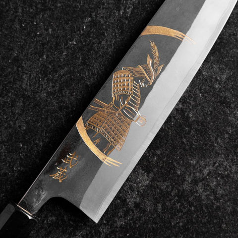 Gyuto Blue Steel #2 Kurouchi Chokin Samurai Neu-Mond Büffelhorn und Ebenholz Griff 210mm (Asamura)-[Musashi]-[Japan-Küchenmesser]