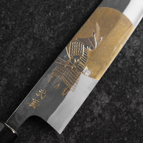 Gyuto Blue Steel #2 Kurouchi Chokin Samurai Vollmond Büffelhorn und Ebenholz Griff 210mm (Asamura)-[Musashi]-[Japan-Küchenmesser]