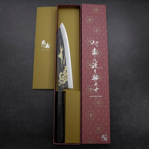 Gyuto Blue Steel #2 Kurouchi Sakura Fuji Büffelhorn und Ebenholz Griff 210mm-[Musashi]-[Japan-Küchenmesser]