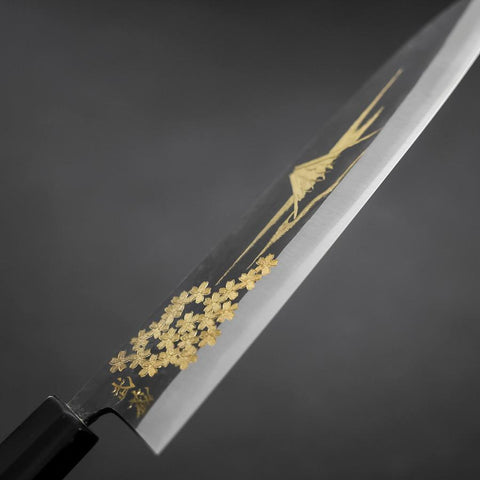 Gyuto Blue Steel #2 Kurouchi Sakura Fuji Büffelhorn und Ebenholz Griff 210mm-[Musashi]-[Japan-Küchenmesser]