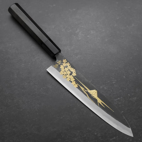 Gyuto Blue Steel #2 Kurouchi Sakura Fuji Büffelhorn und Ebenholz Griff 210mm-[Musashi]-[Japan-Küchenmesser]
