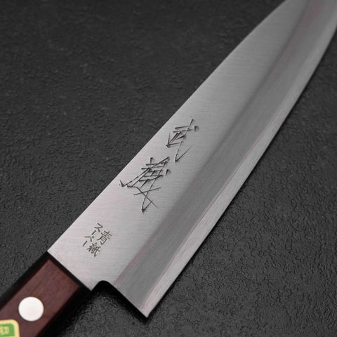Gyuto Blue Super Edelstahlummantelung Poliert Schwarz-Roter Westlicher Griff 180mm (Tsuba-nashi)-[Musashi]-[Japan-Küchenmesser]