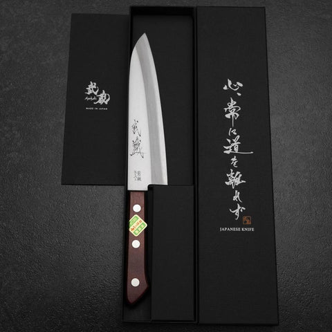 Gyuto Blue Super Edelstahlummantelung Poliert Schwarz-Roter Westlicher Griff 180mm (Tsuba-nashi)-[Musashi]-[Japan-Küchenmesser]