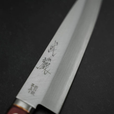 Gyuto Blue Super Edelstahlummantelung Poliert Westlicher Griff in Schwarz-Rot 180mm-[Musashi]-[Japan-Küchenmesser]