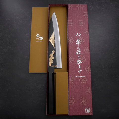 Gyuto Blue Steel #2 Chokin Kurouchi Drache Büffelhorn und Ebenholz Griff 240mm-[Musashi]-[Japan-Küchenmesser]