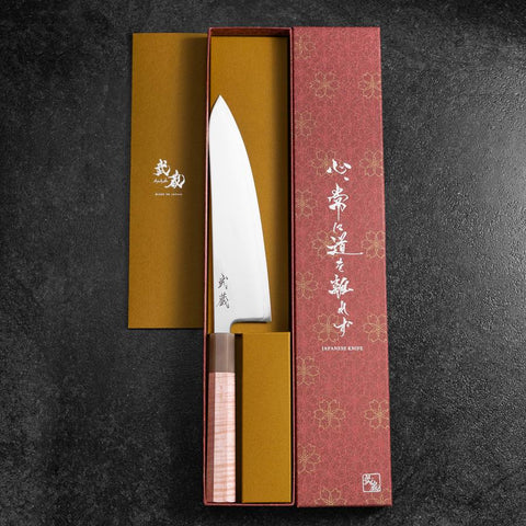 Gyuto SLD Kagami Hell-Rosa Büffelhorn und Ahornholz Griff 210mm-[Musashi]-[Japan-Küchenmesser]