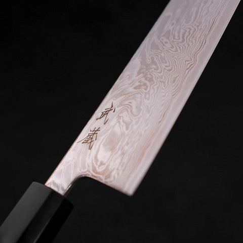 Gyuto SLD, Wellen-Nickel Damast Büffelhorn und Teak Griff, 210mm-[Musashi]-[Japan-Küchenmesser]