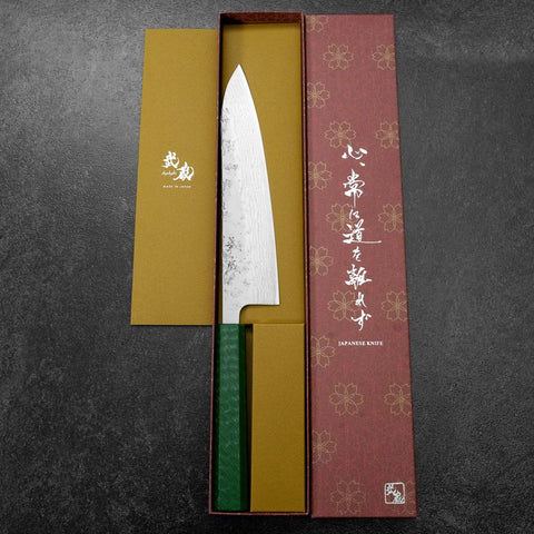 Gyuto Sweden Stainless Steel Nashiji Washi Damascus Green Urushi Handle 210mm (8.3”)-[Musashi]-[Japanese-Kitchen-Knives]