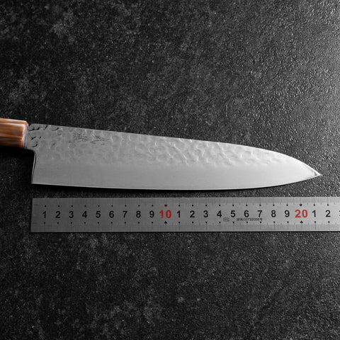 Gyuto VG-10 Kagami Tsuchime Damast Dunkelrosa Büffelhorn und Ahornholz Griff 210mm-[Musashi]-[Japan-Küchenmesser]