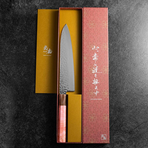 Gyuto VG-10 Kagami Tsuchime Damast Dunkelrosa Büffelhorn und Ahornholz Griff 210mm-[Musashi]-[Japan-Küchenmesser]