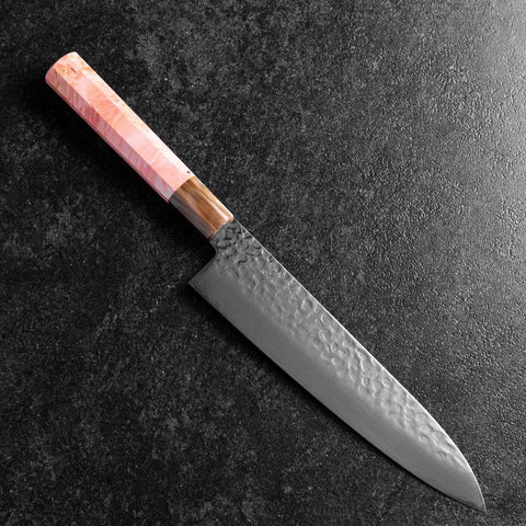 Gyuto VG-10 Kagami Tsuchime Damast Dunkelrosa Büffelhorn und Ahornholz Griff 210mm-[Musashi]-[Japan-Küchenmesser]