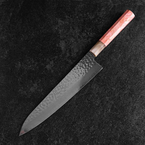 Gyuto VG-10 Kagami Tsuchime Damast Dunkelrosa Büffelhorn und Ahornholz Griff 240mm-[Musashi]-[Japan-Küchenmesser]