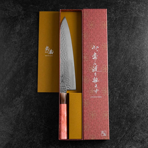 Gyuto VG-10 Kagami Tsuchime Damast Dunkelrosa Büffelhorn und Ahornholz Griff 240mm-[Musashi]-[Japan-Küchenmesser]