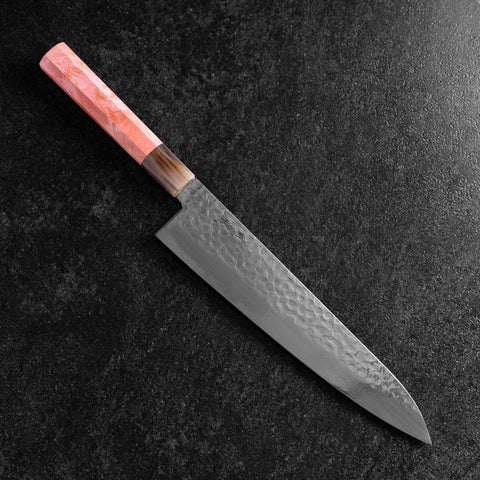 Gyuto VG-10 Kagami Tsuchime Damast Dunkelrosa Büffelhorn und Ahornholz Griff 240mm-[Musashi]-[Japan-Küchenmesser]