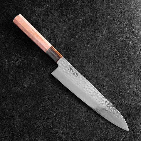 Gyuto VG-10 Kagami Tsuchime Damast Hell-Rosa Büffelhorn und Ahornholz Griff 210mm-[Musashi]-[Japan-Küchenmesser]
