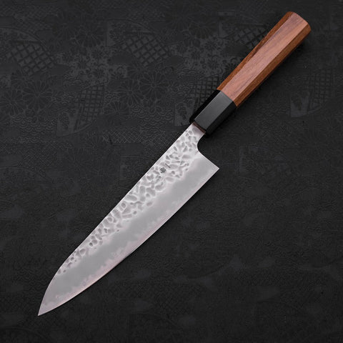 Gyuto White Steel #1 Edelstahlummantelung Tsuchime Büffelhorn und Teakholz Griff 180mm-[Musashi]-[Japan-Küchenmesser]