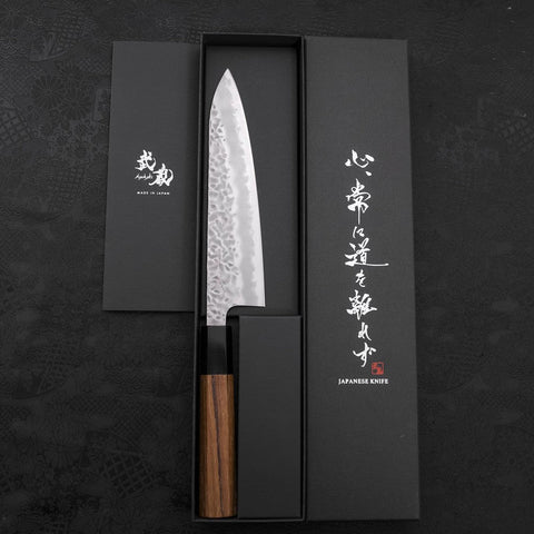 Gyuto White Steel #1 Edelstahlummantelung Tsuchime Büffelhorn und Teakholz Griff 180mm-[Musashi]-[Japan-Küchenmesser]