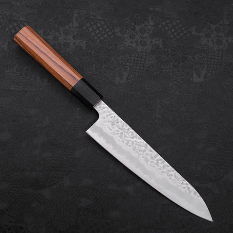 Gyuto White Steel #1 Edelstahlummantelung Tsuchime Büffelhorn und Teakholz Griff 180mm-[Musashi]-[Japan-Küchenmesser]