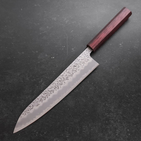 Gyuto White Steel #1 Edelstahlummantelung Tsuchime Lila Urushi Griff 240mm-[Musashi]-[Japan-Küchenmesser]