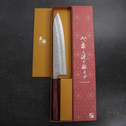 Gyuto White Steel #1 Edelstahlummantelung Tsuchime Lila Urushi Griff 240mm-[Musashi]-[Japan-Küchenmesser]