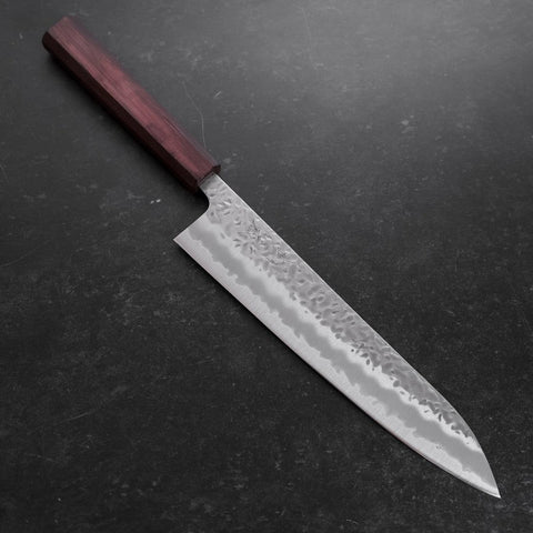 Gyuto White Steel #1 Edelstahlummantelung Tsuchime Lila Urushi Griff 240mm-[Musashi]-[Japan-Küchenmesser]