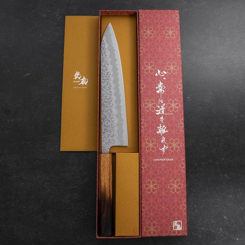 Gyuto White Steel #1 Edelstahlummantelung Tsuchime Yaki Urushi Griff 240mm-[Musashi]-[Japan-Küchenmesser]