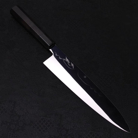 Gyuto White Steel #1, Kagami Mond-Fuji Sui-Honyaki Büffelhorn und Ebenholz Griff mit Scheide, 240mm-[Musashi]-[Japan-Küchenmesser]