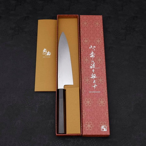 Gyuto White Steel #1 Kagami Sui-Honyaki Büffelhorn und Ebenholz Griff mit Scheide 210mm-[Musashi]-[Japan-Küchenmesser]