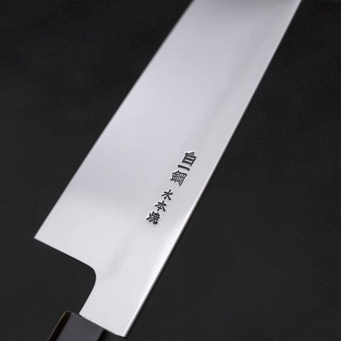 Gyuto White Steel #1, Kagami Sui-Honyaki Büffelhorn und Ebenholz Griff mit Scheide, 210mm-[Musashi]-[Japan-Küchenmesser]