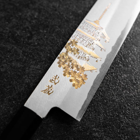 Gyuto White Steel #2 Chokin Kasumi Pagode Sakura Büffelhorn und Ebenholz Griff 210mm-[Musashi]-[Japan-Küchenmesser]