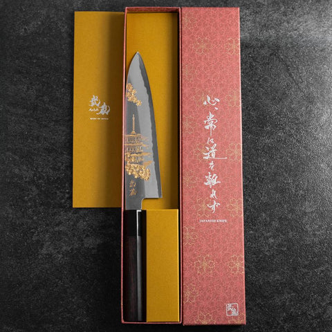 Gyuto White Steel #2 Chokin Kasumi Pagode Sakura Büffelhorn und Ebenholz Griff 210mm-[Musashi]-[Japan-Küchenmesser]