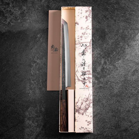 Sakimaru Takohiki Blue Steel #2 Kurouchi Büffelhorn und Wenge Griff 270mm