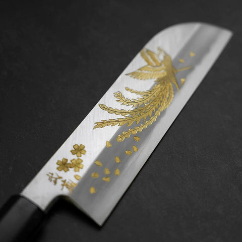 Kama Usuba White steel #2 Kasumi Chokin Phoenix-Sakura Büffelhorn und Ebenholz Griff 180mm-[Musashi]-[Japan-Küchenmesser]