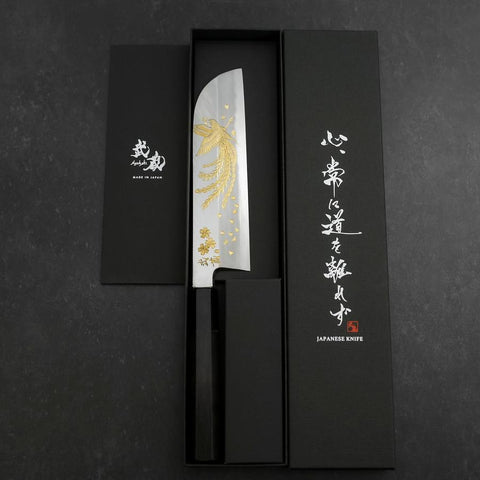 Kama Usuba White steel #2 Kasumi Chokin Phoenix-Sakura Büffelhorn und Ebenholz Griff 180mm-[Musashi]-[Japan-Küchenmesser]