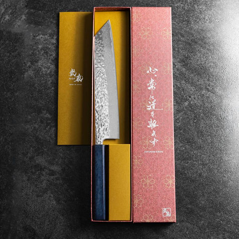 Kiritsuke AUS-10 Kagami Tsuchime Damast Dunkelblauer Urushi Griff 240mm-[Musashi]-[Japan-Küchenmesser]